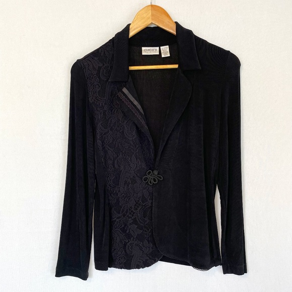 CHICO'S Travelers Size 0 US Sm Blazer Jacket Lace Detail Black Slinky Vintage - Picture 1 of 6